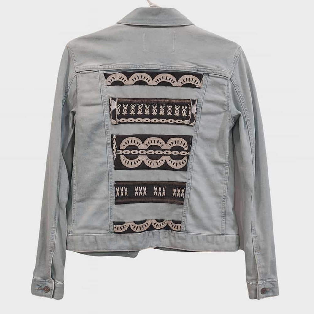 Handmade Upcycled Denim Jacket – Back Panel from Linen Placemats 🧵✨